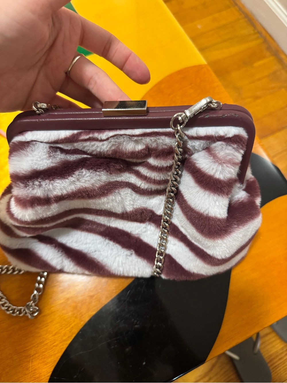 Zara Faux Fur Zebra-Stripe Shoulder Clutch - Plum/White